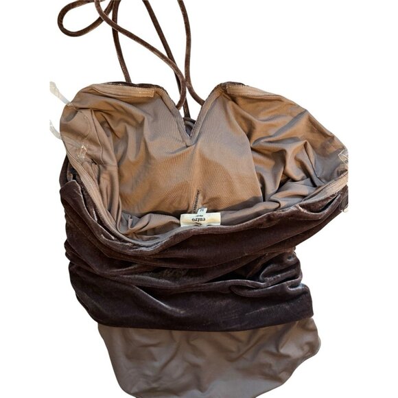 Entro Women’s Velvet Ruched V-Neck Halter Neck Bodysuit Brown Flower Size Medium - Picture 6 of 9